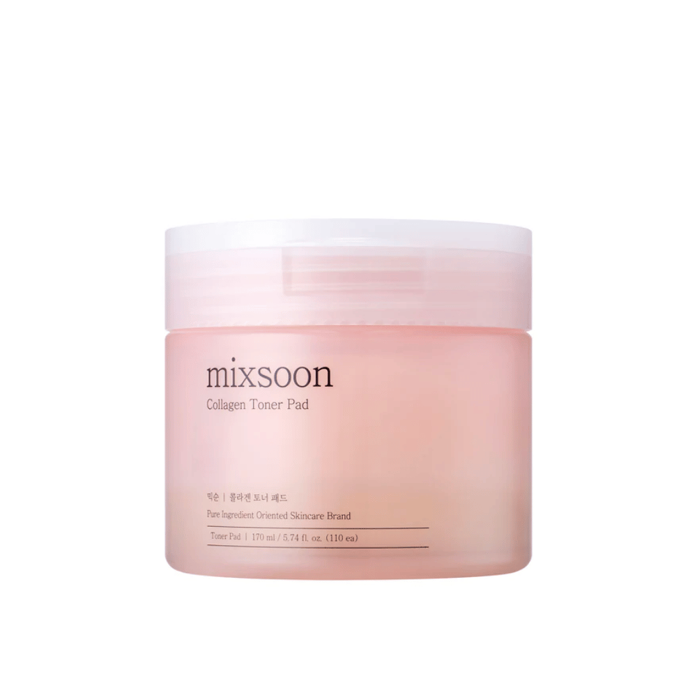 Mixsoon Collagen Toner Pad i en elegant, rosa krukke med 110 pads – fugtgivende toner til daglig hudpleje.