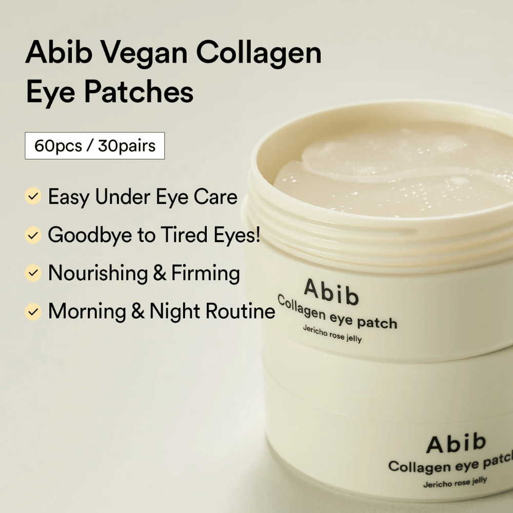 Abib Collagen Eye Patch Jericho Rose Jelly i åben krukke med synlige øjenplastre. Teksten beskriver fordele som nem pleje for trætte øjne, opstrammende effekt og brug morgen og aften. 60 stk / 30 par.