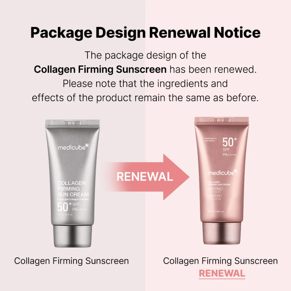Medicube Collagen Firming Sunscreen har fået nyt emballagedesign – fra sølvfarvet tub til rosagul, med samme ingredienser og effekt som tidligere.