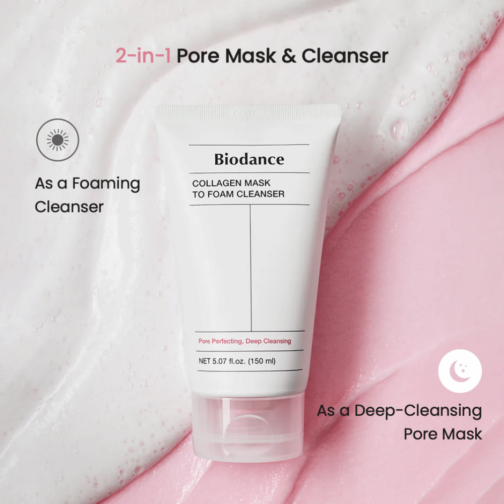 Billede af Biodance Collagen Mask to Foam Cleanser placeret ovenpå lyserød og hvid rensetekstur. Produktet beskrives som en 2-i-1 porerensende maske og skummende rens.