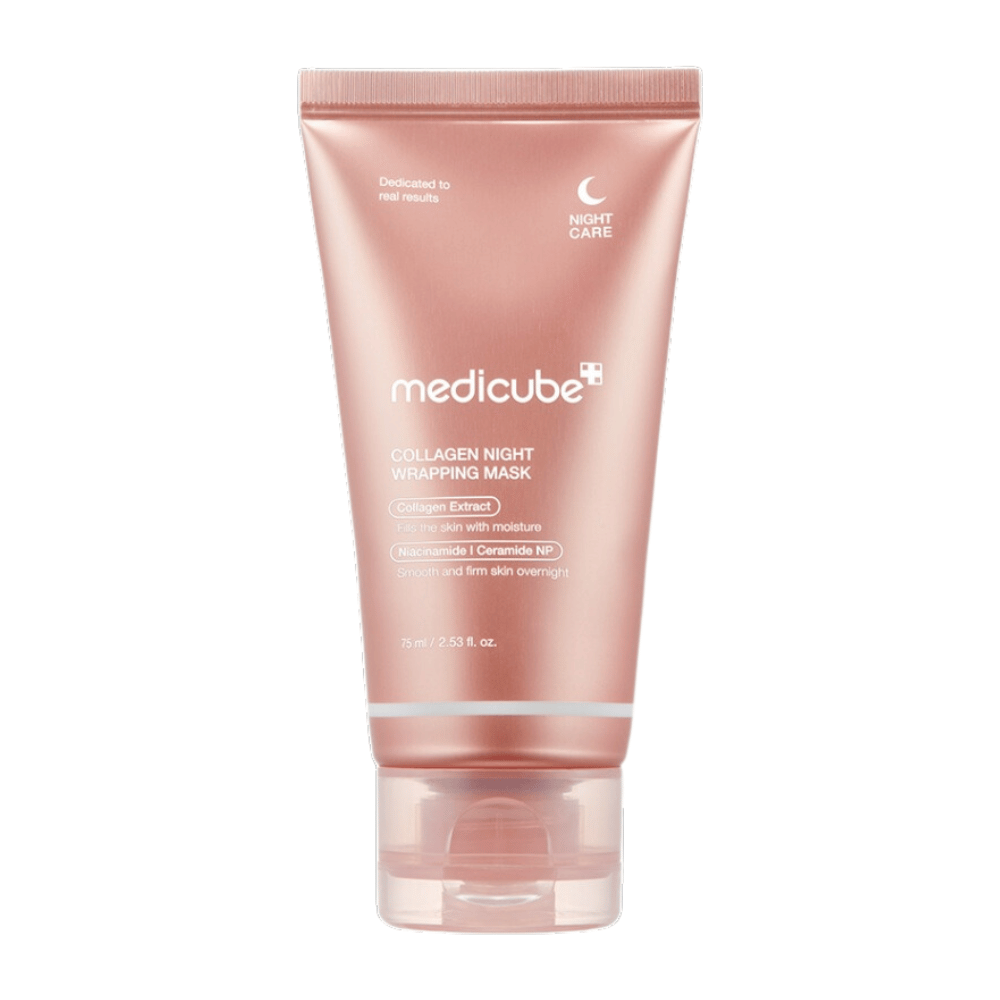 Medicube Collagen Night Wrapping Mask, en natmaske med kollagenekstrakt, der fugter og styrker huden natten over. Indeholder niacinamid og ceramid NP for en jævnere og fastere hud. Indhold: 75 ml.