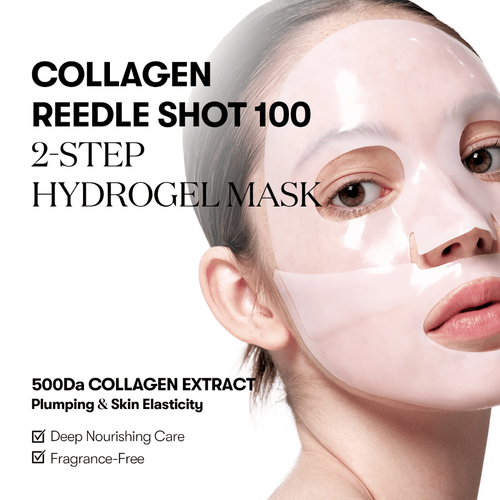 Nærbillede af en kvinde, der bærer en transparent 2-trins hydrogelmaske. Tekst på billedet markedsfører "Collagen Reedle Shot 100" med 500Da kollagenekstrakt for hudens elasticitet, samt at produktet er duftfrit og giver dyb næring.