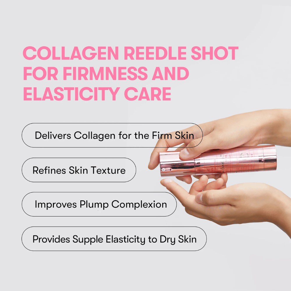 Person holder VT Collagen Reedle Shot 100. Serummet styrker hudens fasthed, forbedrer tekstur og giver fyldig elasticitet.