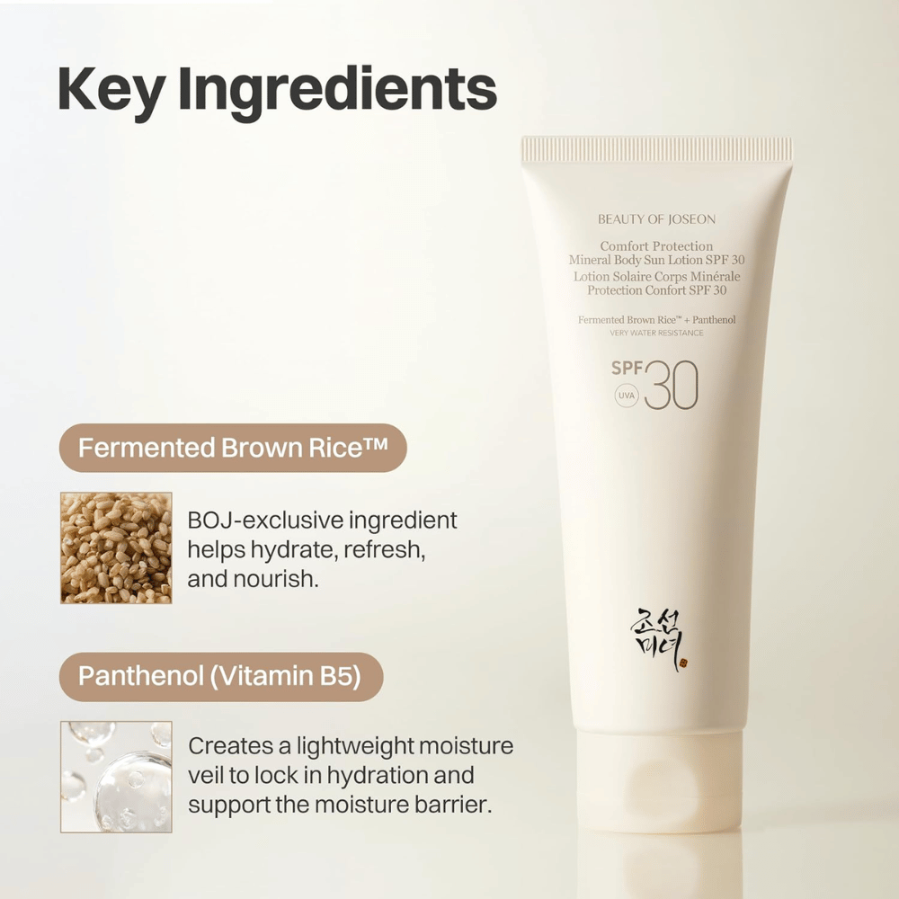 Beauty of Joseon Comfort Protection Mineral Body Sun Lotion SPF30 med fermenteret brune ris og panthenol
