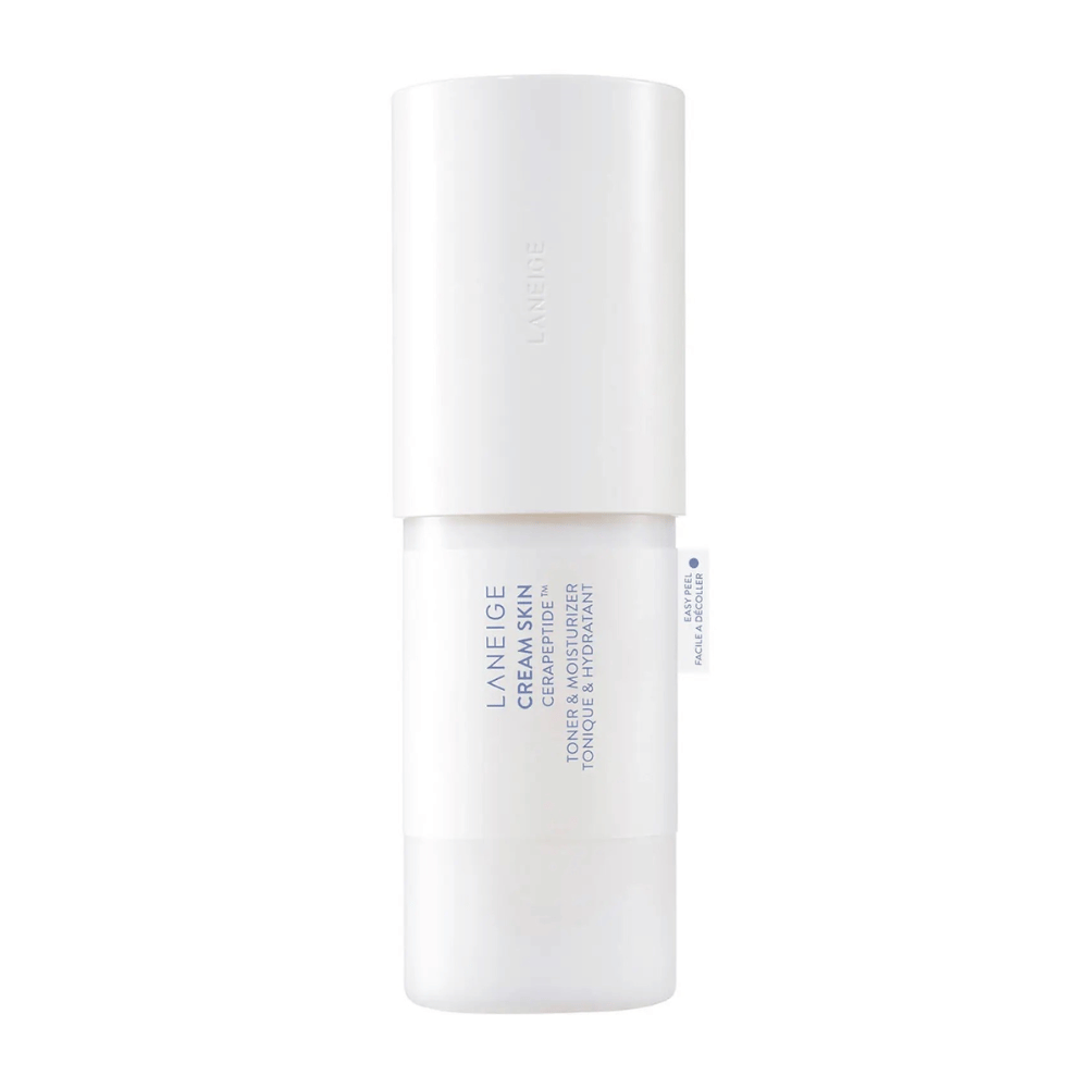 Laneige Cream Skin Cerapeptide Refiner i en hvid flaske med pumpe. Produktet kombinerer toner og fugtighedscreme, designet til at fugte og tone huden.