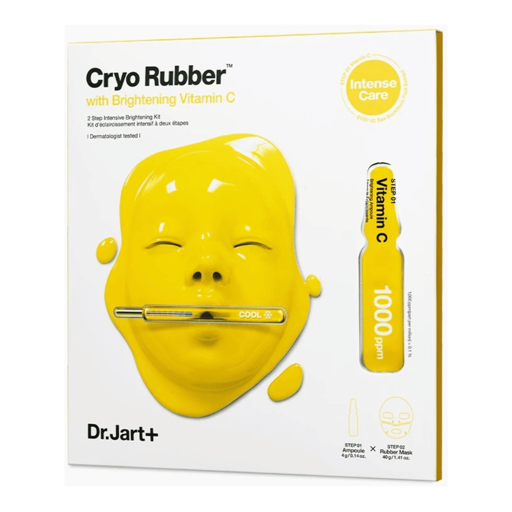 Dr.Jart+ skønhedsprodukt med navnet 'Cryo Rubber™ med Brightening Vitamin C'. Emballagen viser en gul ansigtsmaske, der drypper med væske. Det nævnes, at det er et '2 Trins intensivt oplysende KIT' og at det er 'dermatologisk testet'. Illustration af 'Vitamin C 1000ppm' findes til højre.