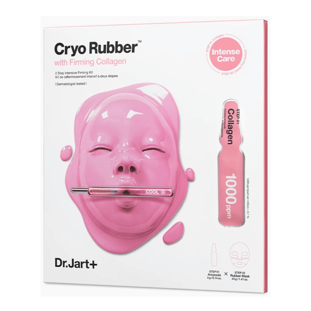 Et billede af Dr.Jart+'s Cryo Rubber™ med Firming Collagen produkt, viser en rosa ansigtsmaske og beskrivelse af indholdet.