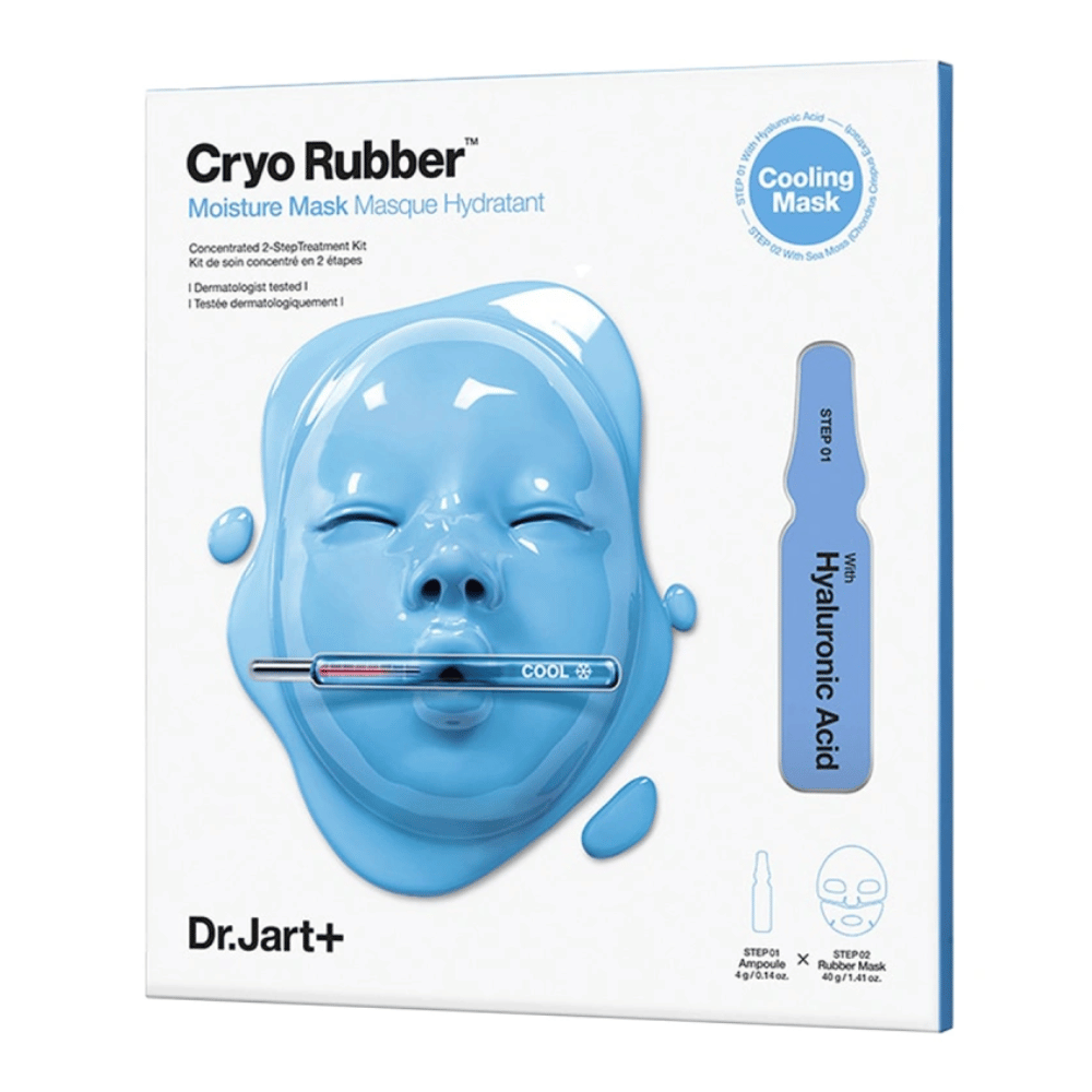 Emballage af Dr.Jart+ Cryo Rubber Moisture Mask med blå ansigtsformet maske og en ampul med hyaluronsyre, markeret som "Cooling Mask" og trinvis brugsvejledning.