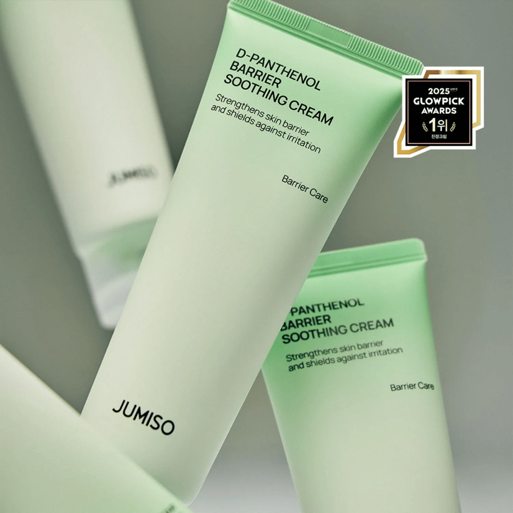 Nærbillede af Jumiso D-Panthenol Barrier Soothing Cream i grøn tube, vinder af Glowpick Awards 2025.