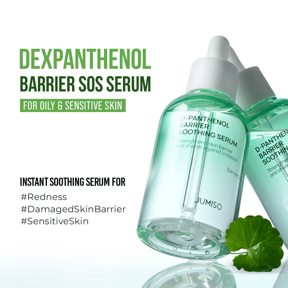 Produktbillede af Jumiso D-Panthenol Barrier Soothing Serum med tekst om SOS-effekt for sensitiv hud, rødme og beskadiget hudbarriere.