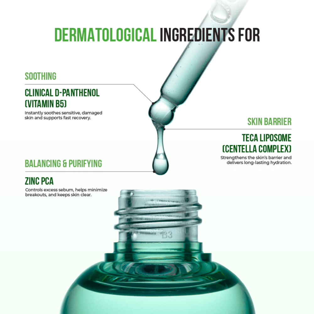 Nærbillede af pipette med dryppende serum, markerede ingredienser som D-Panthenol, Zinc PCA og Centella Complex for hudbarriere og fugtighed.