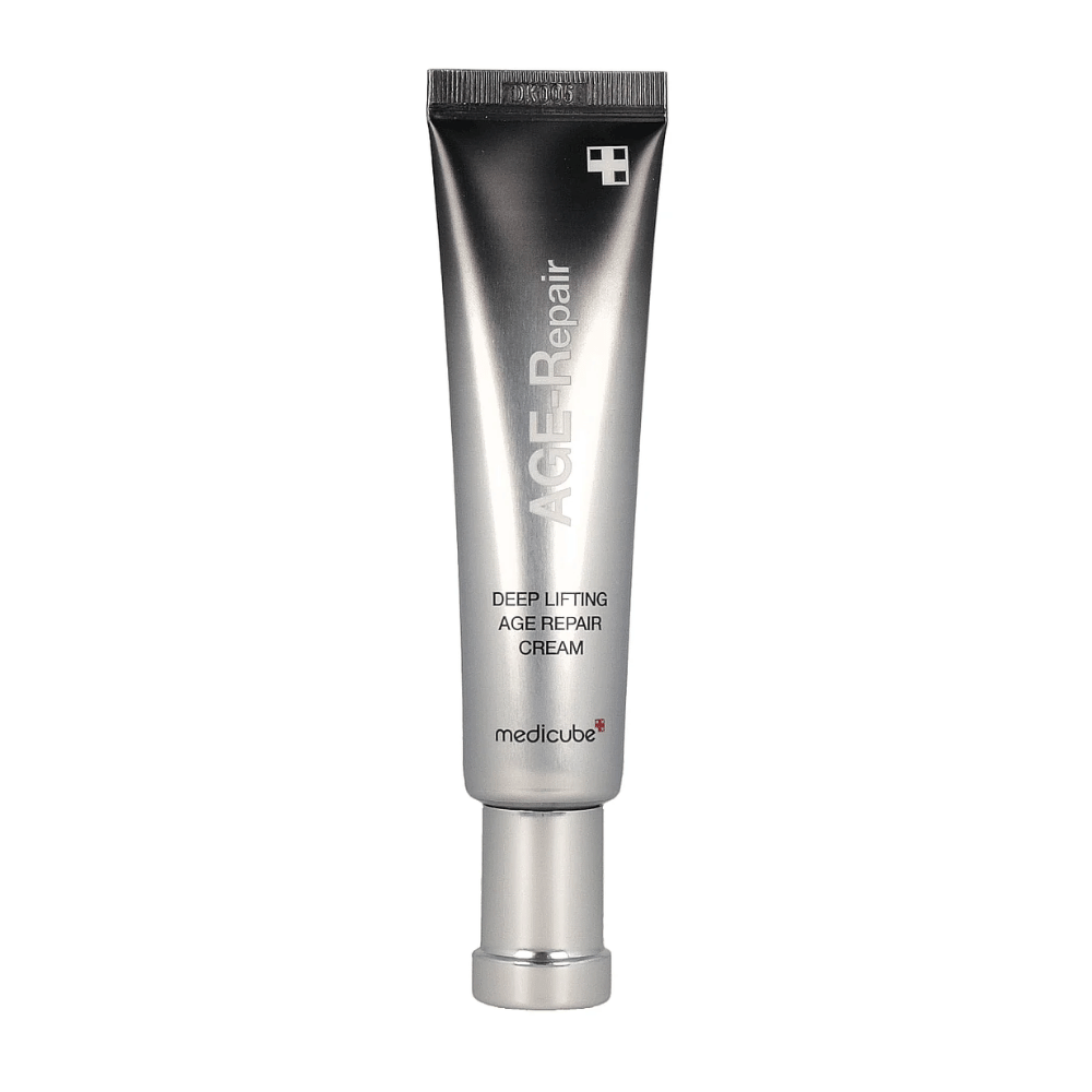 Produktbillede af Medicube Deep Lifting Age Repair Cream i sølvtube mod hvid baggrund.