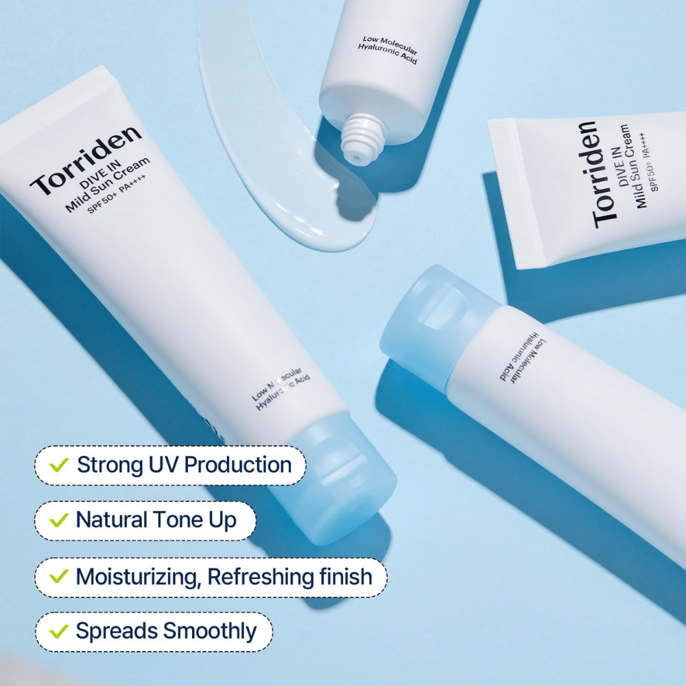 Flere tuber af Torriden DIVE-IN Mild Sun Cream ligger spredt ud på en blå baggrund med lidt produkt smurt ud. Tekst fremhæver fordele som UV-beskyttelse, fugt og jævn påføring.