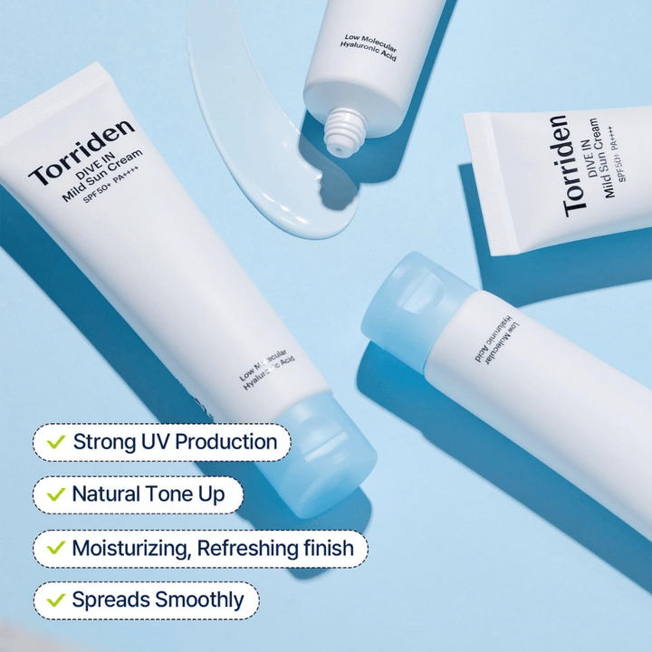 Flere tuber af Torriden DIVE-IN Mild Sun Cream ligger spredt ud på en blå baggrund med lidt produkt smurt ud. Tekst fremhæver fordele som UV-beskyttelse, fugt og jævn påføring.