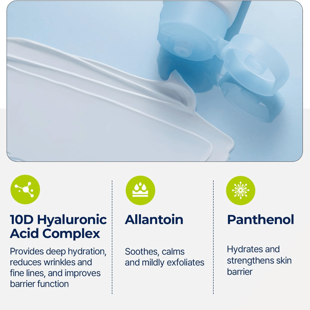 Nærbillede af solcremens konsistens, som er smurt ud på en blå overflade. Nedenunder vises ingredienser og deres funktioner, såsom hyaluronsyre, allantoin og panthenol.