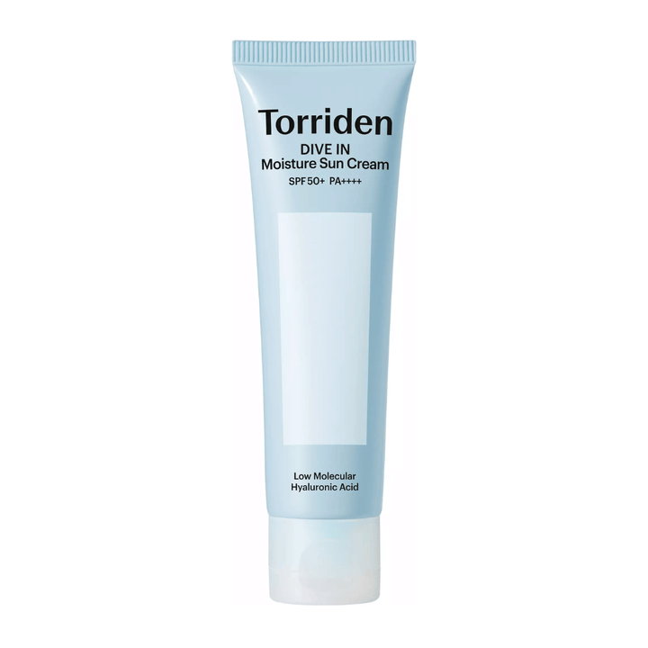 Torriden DIVE-IN Moisture Sun Cream SPF50+ PA++++ produktbillede på hvid baggrund med lavmolekylær hyaluronsyre til intensiv fugt og UV-beskyttelse.
