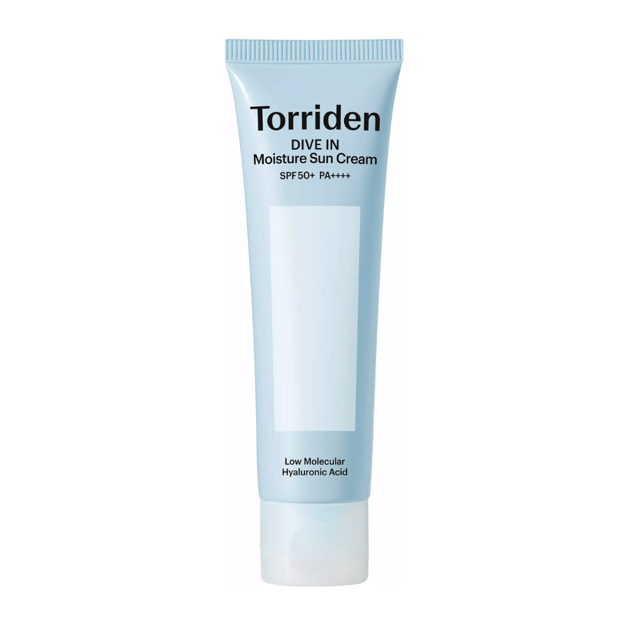 Torriden DIVE-IN Moisture Sun Cream SPF50+ PA++++ produktbillede på hvid baggrund med lavmolekylær hyaluronsyre til intensiv fugt og UV-beskyttelse.