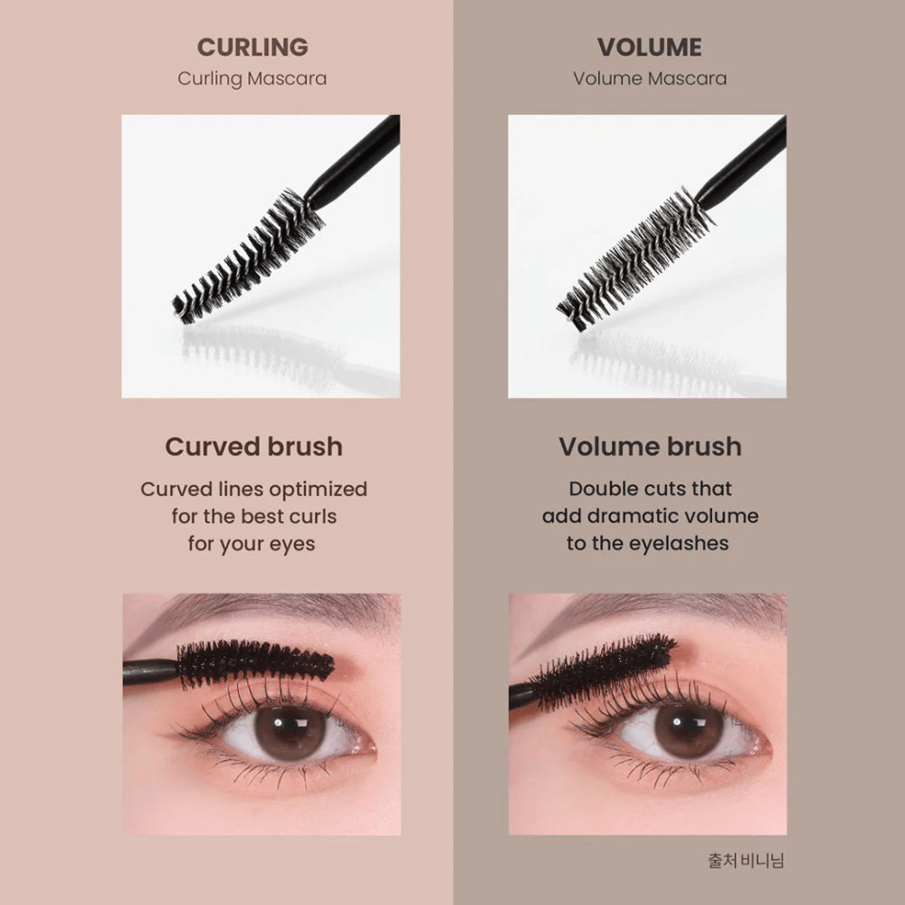 Sammenligning mellem Heimish Dailism Smudge Stop Mascara Curling og Volume som viser forskellen mellem buede vipper og intens volumen.