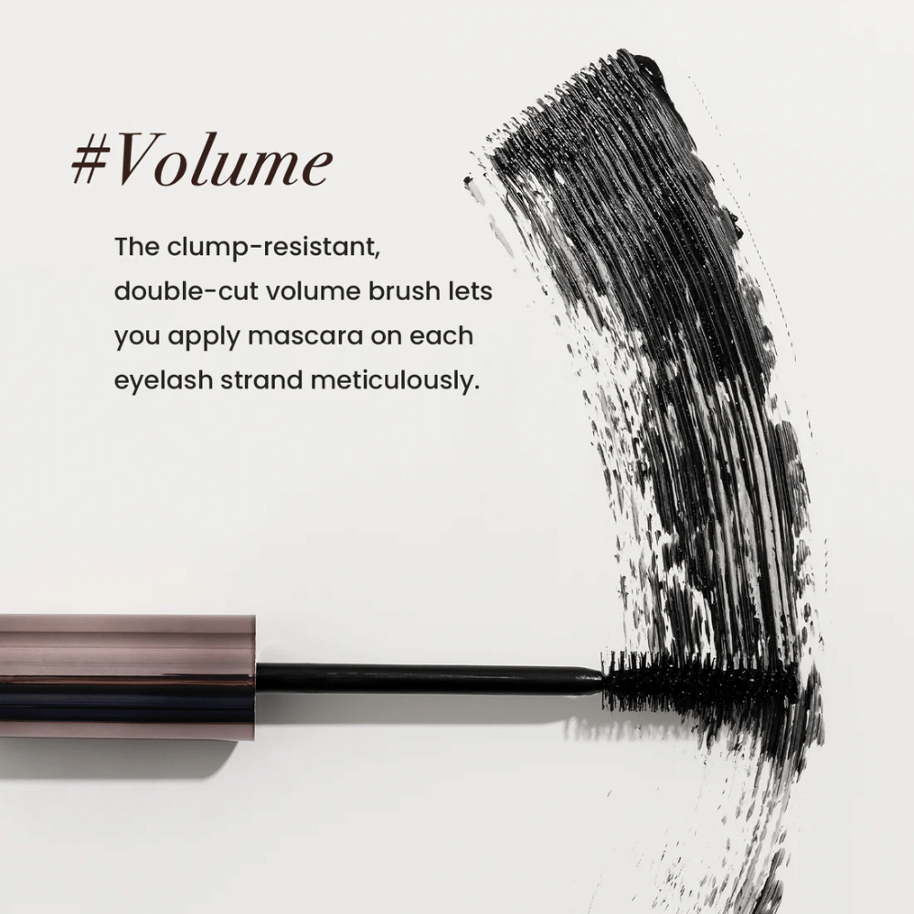 Heimish Dailism Smudge Stop Mascara Volume med volumebørste som separerer vipperne og bygger fyldig volumen uden klumper.