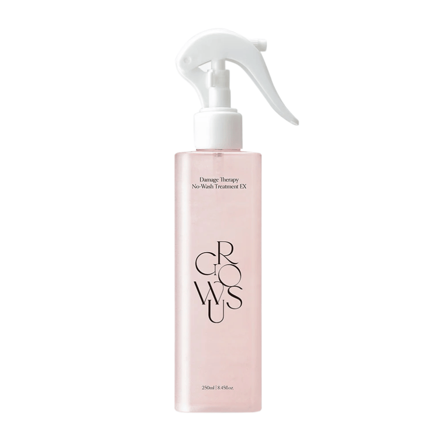 Frilagt produktbillede af GROWUS Damage Therapy No-Wash Treatment EX i pink sprayflaske med leave-in-formel til fugt og pleje af skadet hår.