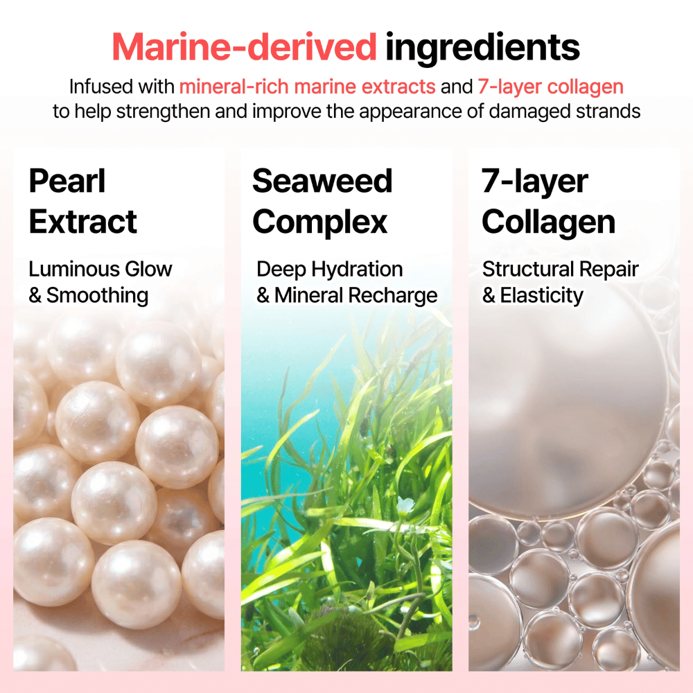 Informationsbillede om marine ingredienser i GROWUS Damage Therapy No-Wash Treatment EX med perleekstrakt, søgræskompleks og 7-lags kollagen til glans og fugt.
