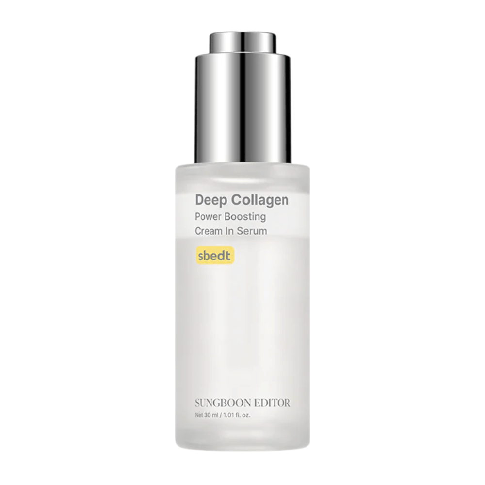 Deep Collagen Power Boosting Cream in Serum i elegant gennemsigtig flaske med sølvlåg. Et kollagenrigt produkt, der giver fyldigere hud.