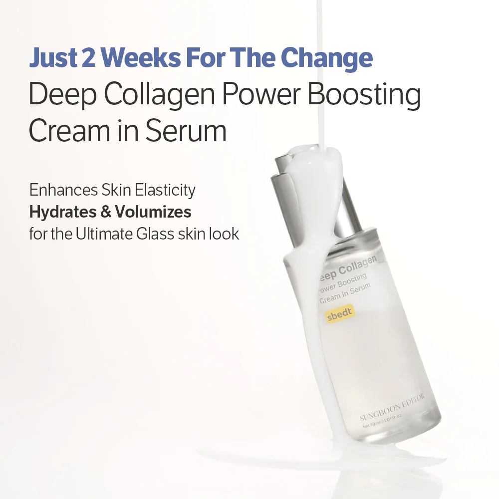 Sungboon Editor Deep Collagen Power Boosting Cream in Serum dækket af flydende creme. Produkt, der fugter, styrker elasticitet og giver glasagtig hud.