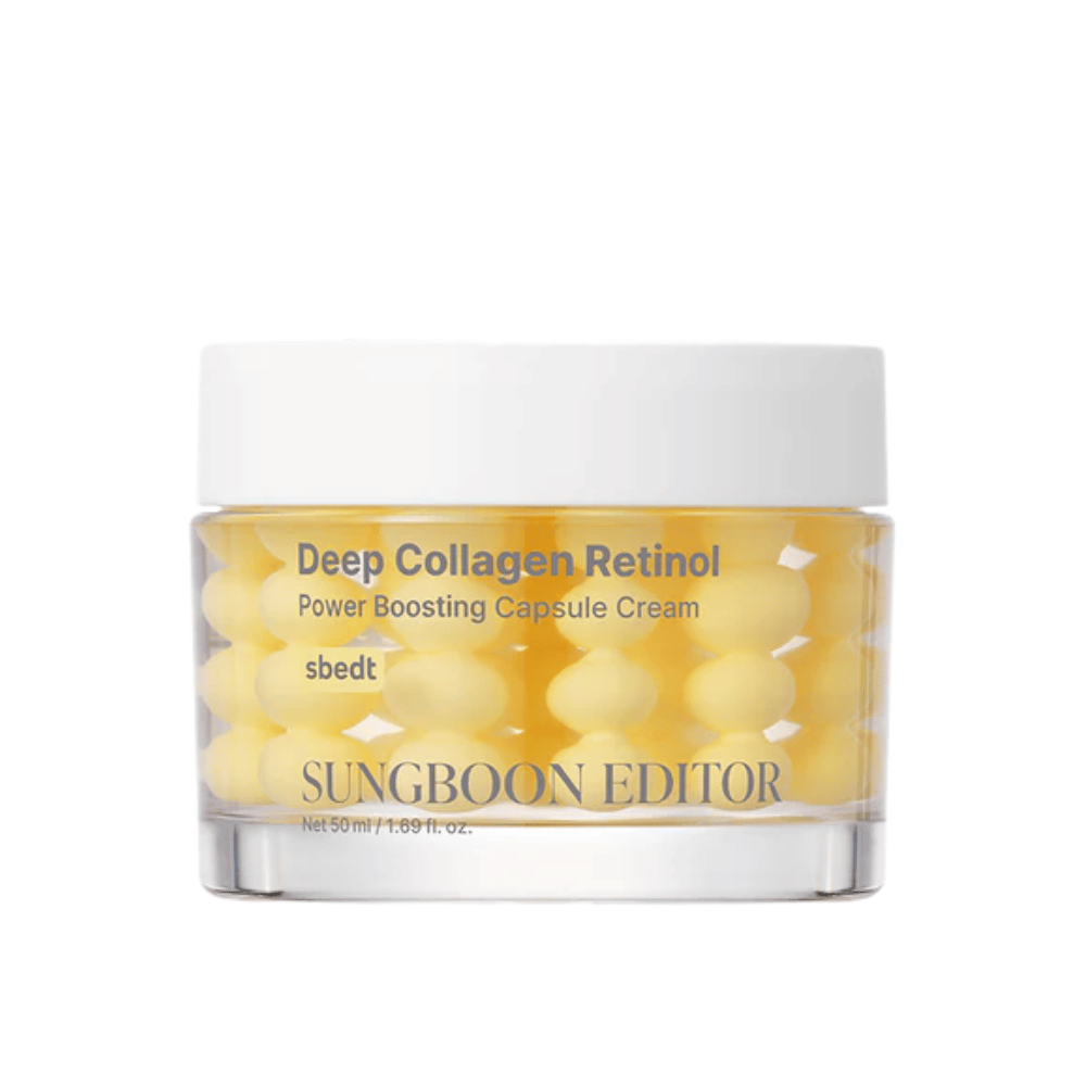 Sungboon Editor Deep Collagen Retinol Capsule Cream i glasbeholder med gule kapsler. En kraftfuld anti-age-creme med retinol og kollagen.