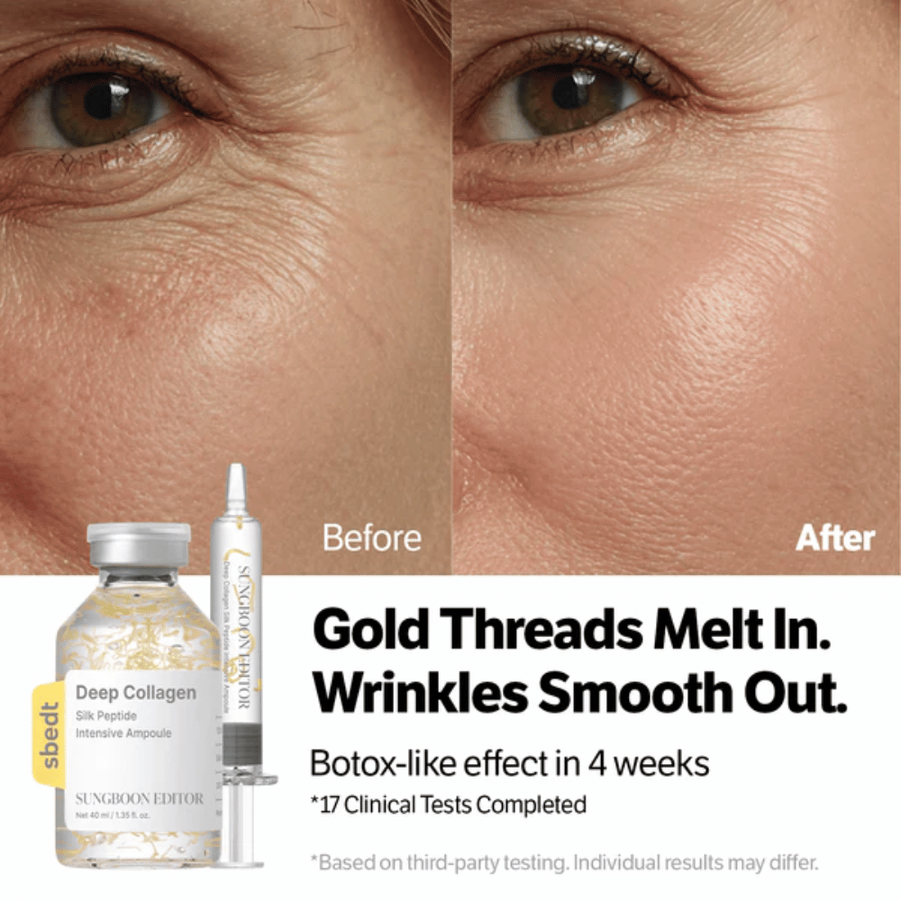 SUNGBOON EDITOR Deep Collagen Silk Peptide Intensive Ampoule – serum med peptider, der hjælper med at reducere rynker og forbedre hudens elasticitet for et glattere resultat.