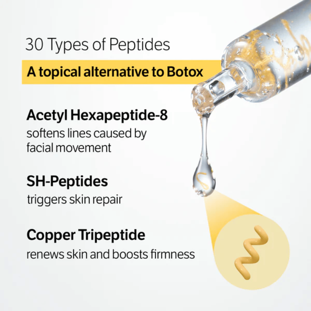 SUNGBOON EDITOR Deep Collagen Silk Peptide Intensive Ampoule med 30 typer af peptider, der hjælper med at reducere fine linjer, styrke huden og forbedre hudens struktur.