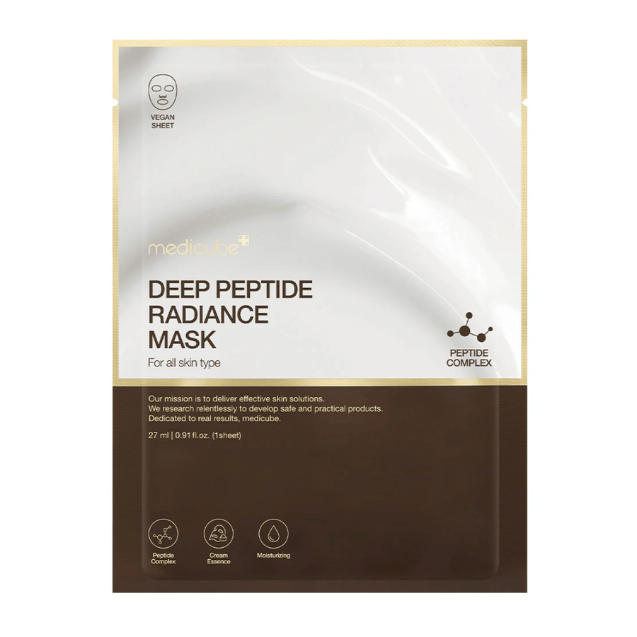 Forside af Medicube Deep Peptide Radiance Mask, vegansk Sheet mask med peptidkompleks til fugt og glød.