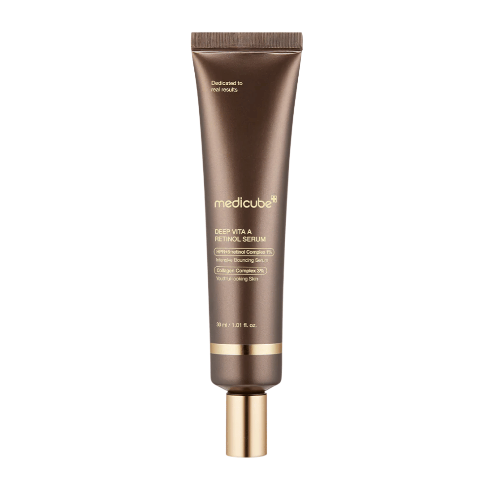 Medicube Deep Vita A Retinol Serum i brun tube med gulddetaljer, et anti-aging produkt som kombinerer retinol og kollagen for fastere hud.