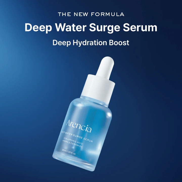 Arencia Deep Water Surge Serum – koreansk fugtserum med hyaluronsyre, PDRN og ceramider, der giver dyb fugt, beroliger huden og styrker hudens barriere.