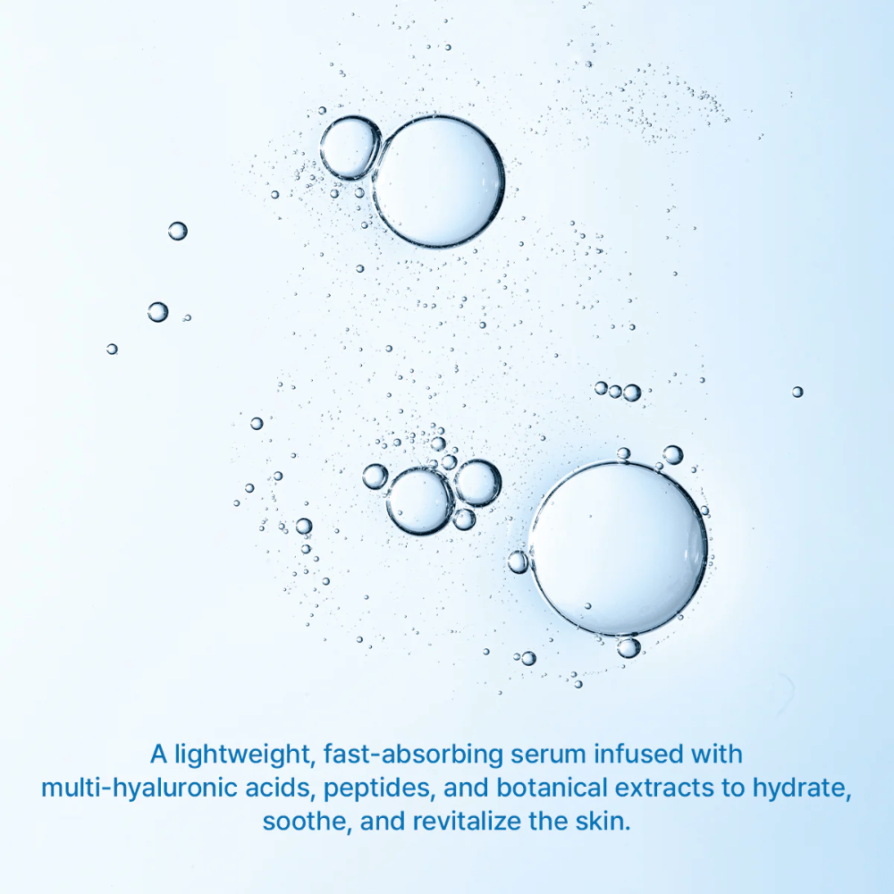Illustration af vandbobler, der symboliserer intensiv fugt fra Arencia Deep Water Surge Serum med multi-hyaluronsyre og hurtigtabsorberende formel.