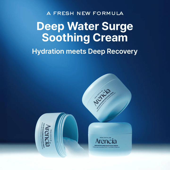 Arencia Deep Water Surge Soothing Cream – ny beroligende og fugtgivende ansigtscreme, der kombinerer intensiv hydrering med hudreparerende pleje.