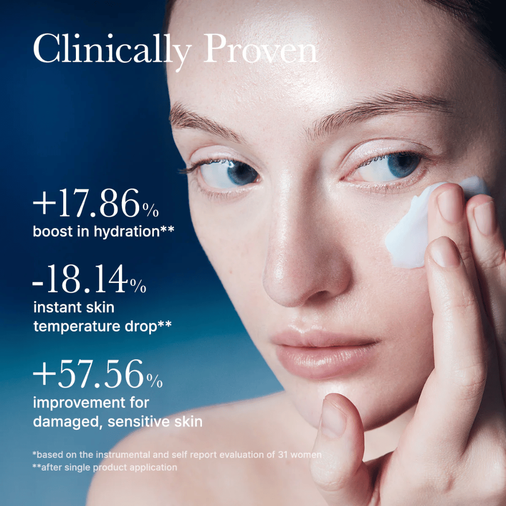 Klinisk testet Arencia Deep Water Surge Soothing Cream, der forbedrer hudens fugt, sænker hudtemperaturen og styrker følsom hud efter påføring.