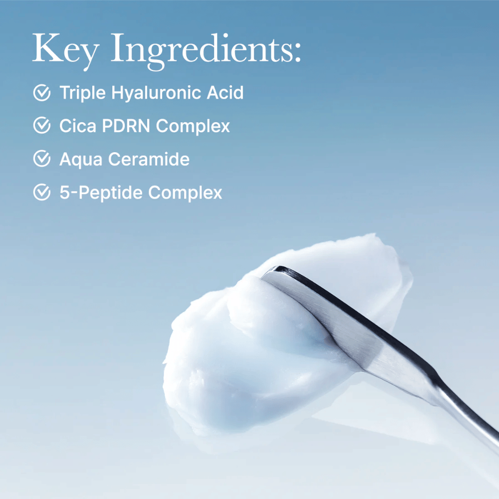 Nøgleingredienser i Arencia Deep Water Surge Soothing Cream med tredobbelt hyaluronsyre, Cica PDRN, aqua ceramid og 5-peptidkompleks for intensiv fugt og hudbarrierestøtte.