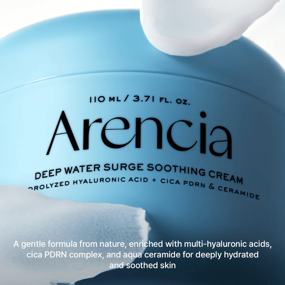 Arencia Deep Water Surge Soothing Cream med hyaluronsyre, Cica PDRN og ceramider – beroligende ansigtscreme, der fugter i dybden og styrker hudbarrieren for følsom og tør hud.