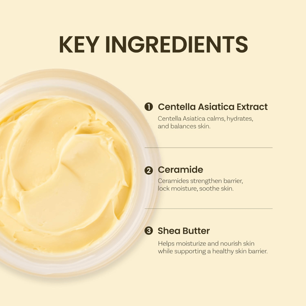 Nøgleingredienser i Ongredients Deep Calming Cream: Centella Asiatica, ceramider og sheasmør som fugter og balancerer huden.