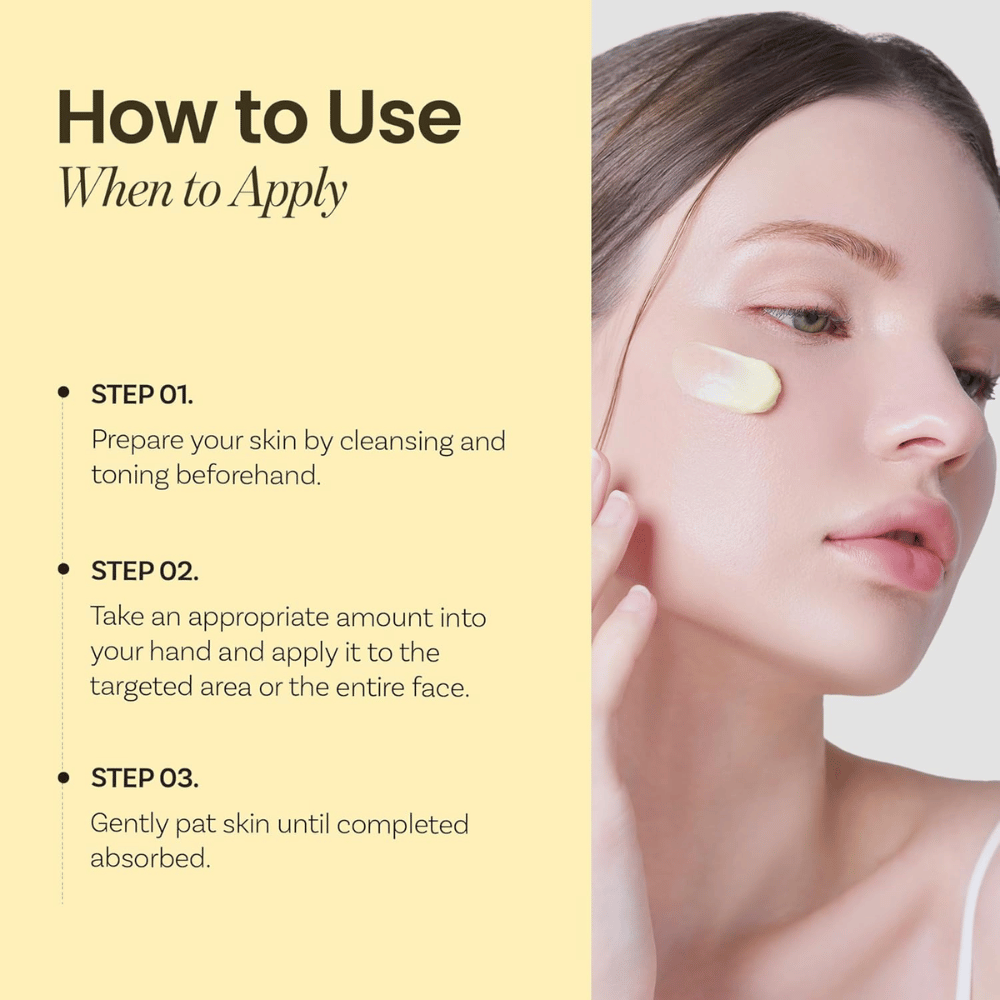 Instruktioner for Ongredients Deep Calming Cream – påfør efter rens og toner, klap cremen forsigtigt ind, indtil den er absorberet.