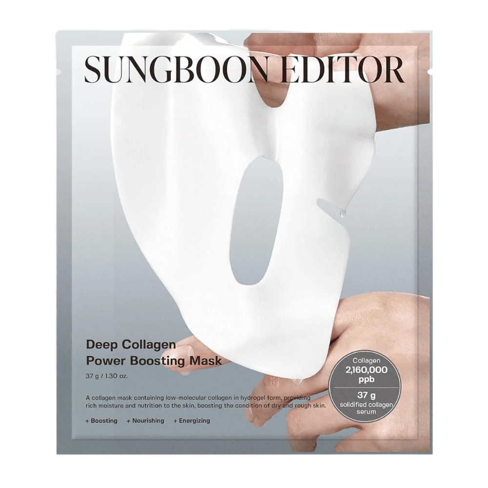 Sungboon Editor Deep Collagen Power Boosting Mask 37 g, en kollagen Sheet mask i sølvpakning som fugter, styrker og nærer huden.