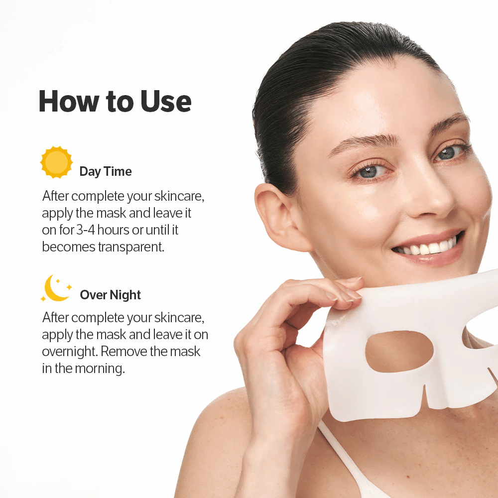 Kvinde som holder Sungboon Editor Deep Collagen Power Boosting Mask med instruktioner til brug dag og nat.