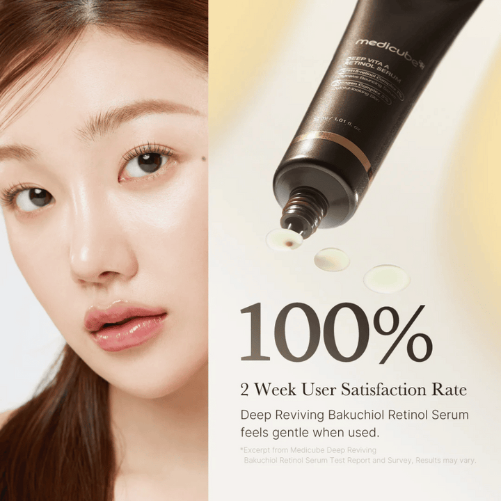 Reklambild för Medicube Deep Vita A Retinol Serum med en närbild på en kvinna, produkttuben och text som visar 100% användarnöjdhet efter två veckor.