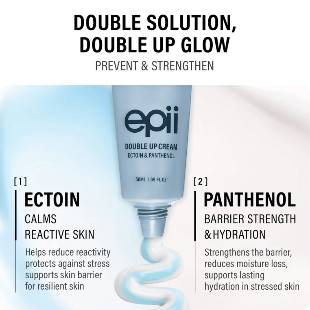 EPII Double Up Cream med ectoin og panthenol – fugtgivende ansigtscreme, som beroliger huden, styrker hudbarrieren og giver langvarig fugt.