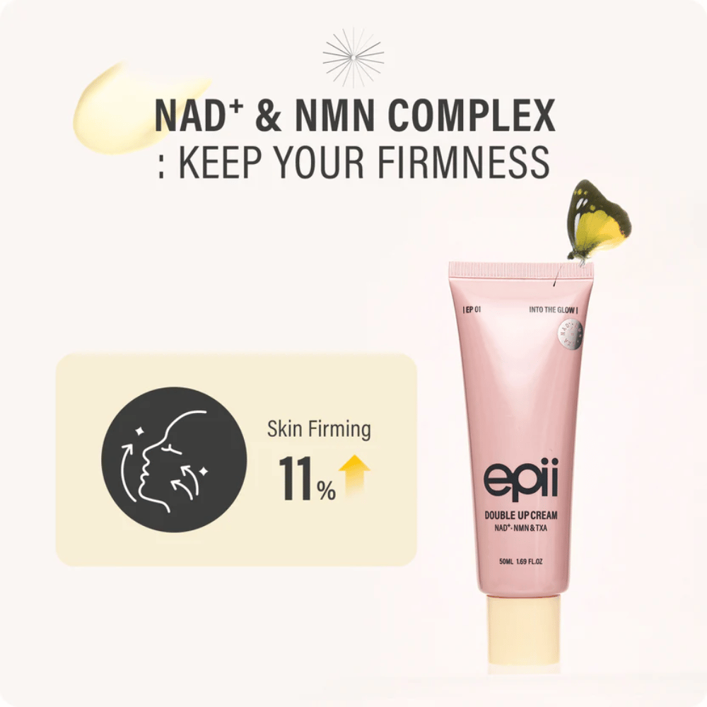 EPII Double Up Cream med NAD+ og NMN, som bidrager til fastere hud, forbedret elasticitet og en ungdommelig glød.