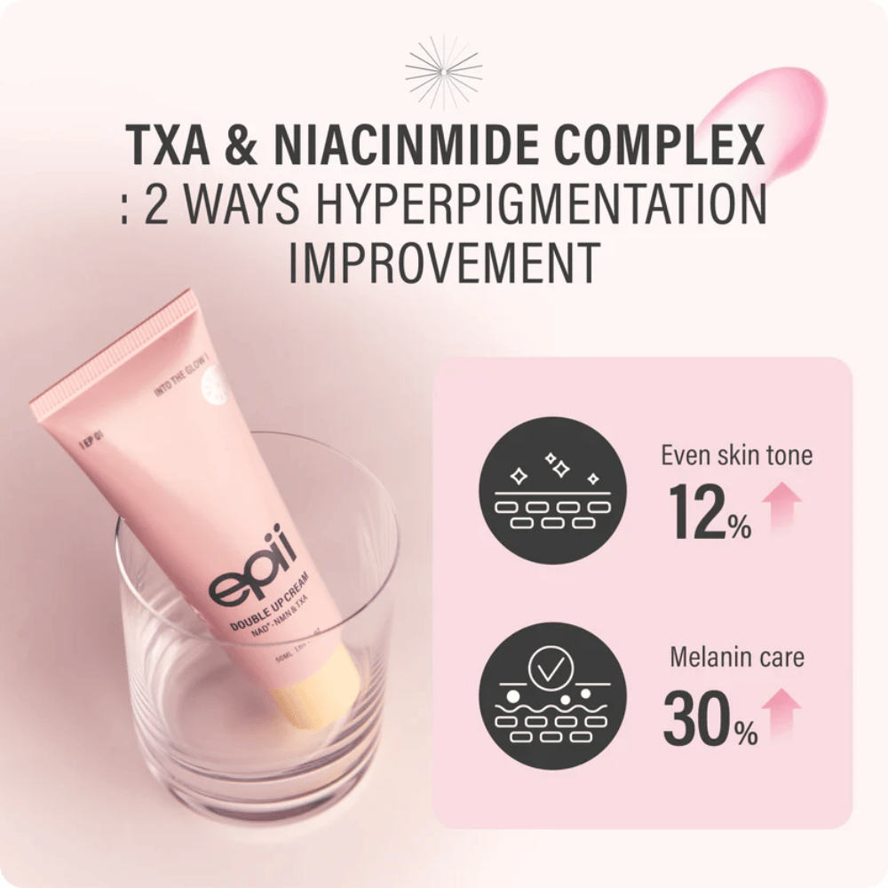 EPII Double Up Cream med NAD+, NMN, tranexamsyre og niacinamid, som hjælper med at udjævne hudtonen og mindske synlig pigmentering.