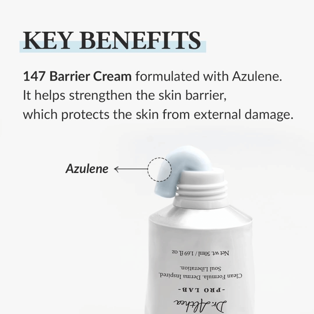 Dr. Althea 147 Barrier Cream med Azulen, en fugtgivende creme der styrker hudbarrieren og beskytter huden mod ydre skader.