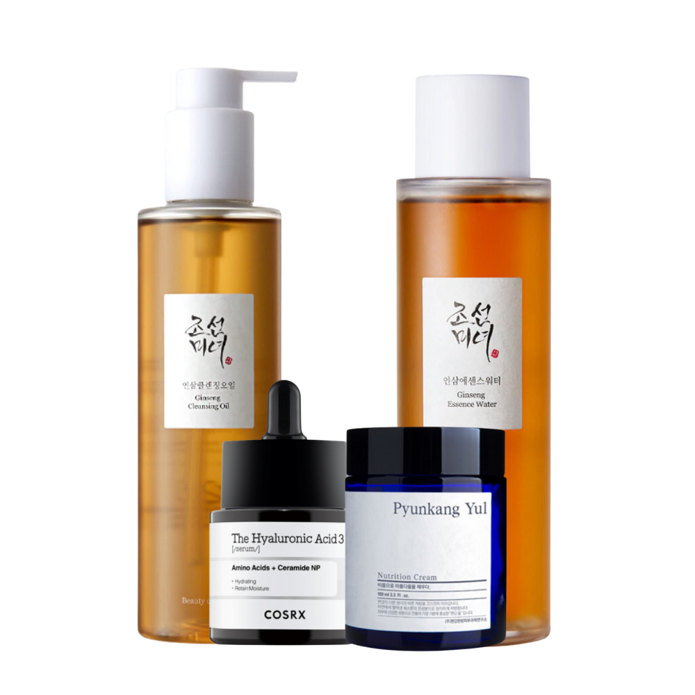Skønhedsprodukter inklusive ginseng renseolie, ginseng essence vand, COSRX hyaluronsyre serum og Pyunkang Yul nærende creme.