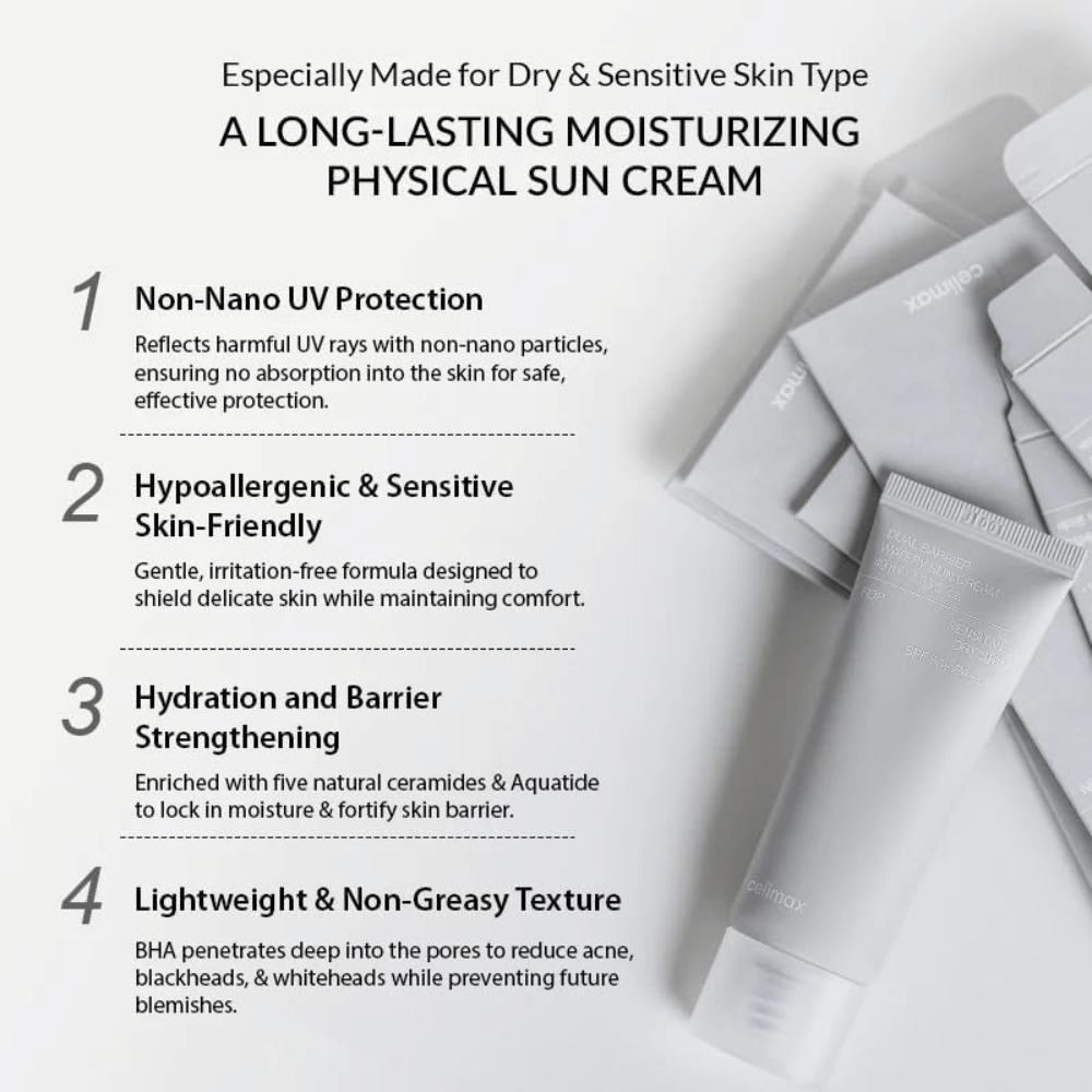 Celimax Dual Barrier Watery Sun Cream SPF50+ PA++++ med fysisk UV-filter, fem ceramider og Aquatide, som fugter og styrker hudbarrieren.