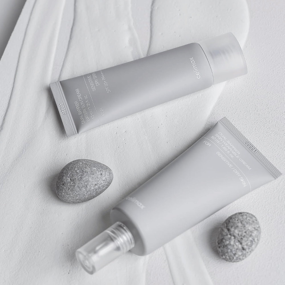 Celimax Dual Barrier Watery Sun Cream SPF50+ PA++++ til tør og sensitiv hud med fugtgivende solbeskyttelse og styrkende barrierepleje.